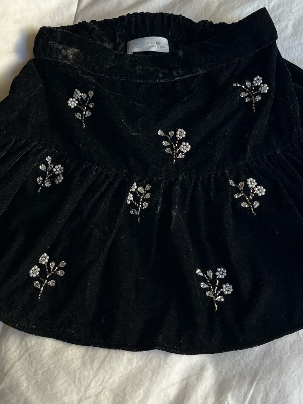 Zara Black Velvet Skirt with Crystal Floral Embellishment